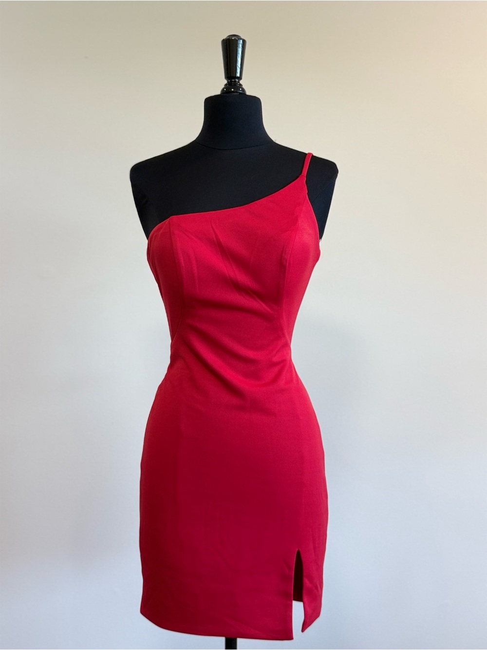 La Femme One-Shoulder Red Mini Dress with Front Slit